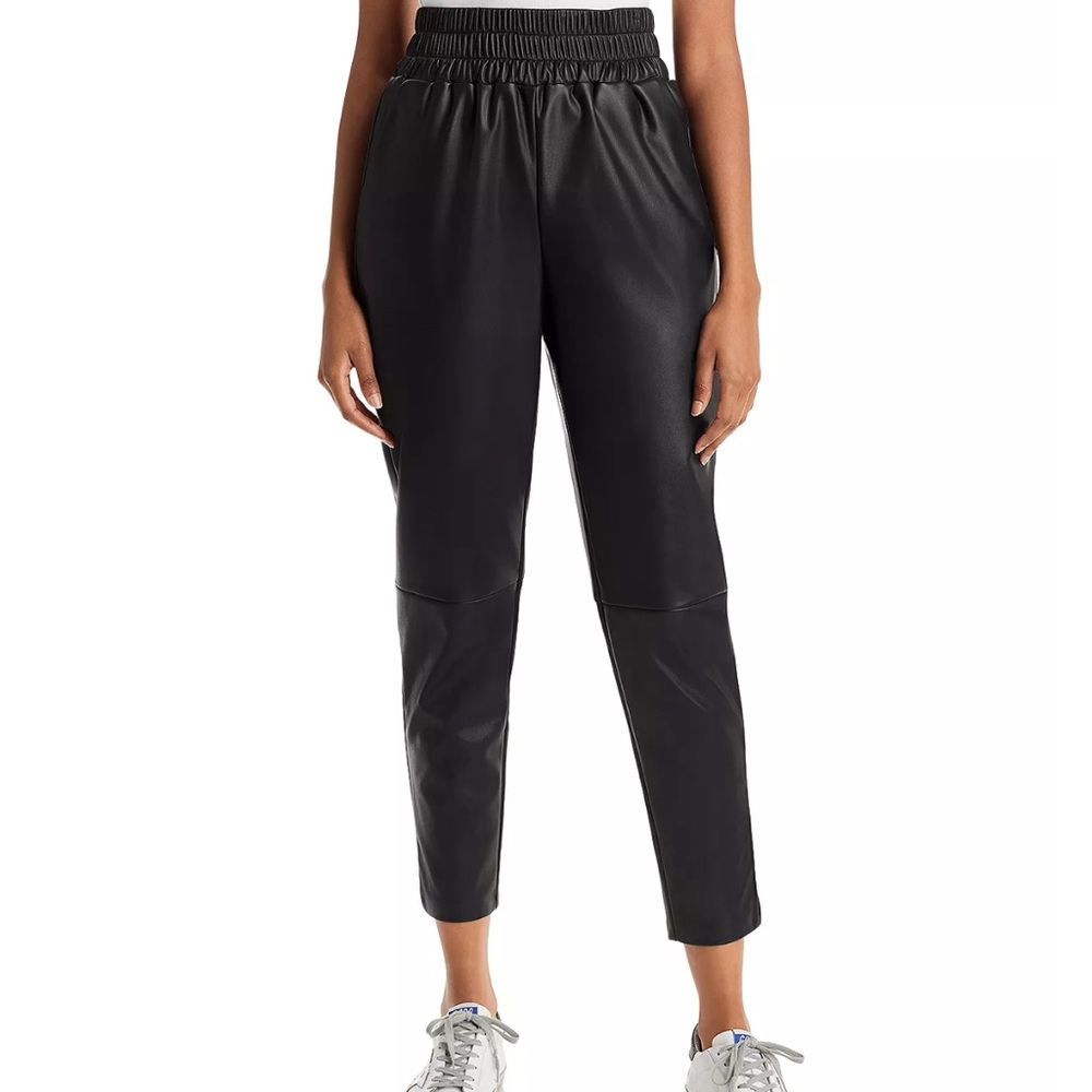 Aqua from Bloomingdale’s faux leather joggers.